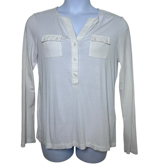 Anatomie white Henley top size large long sleeve stretch travel pockets STAIN - Picture 2 of 7